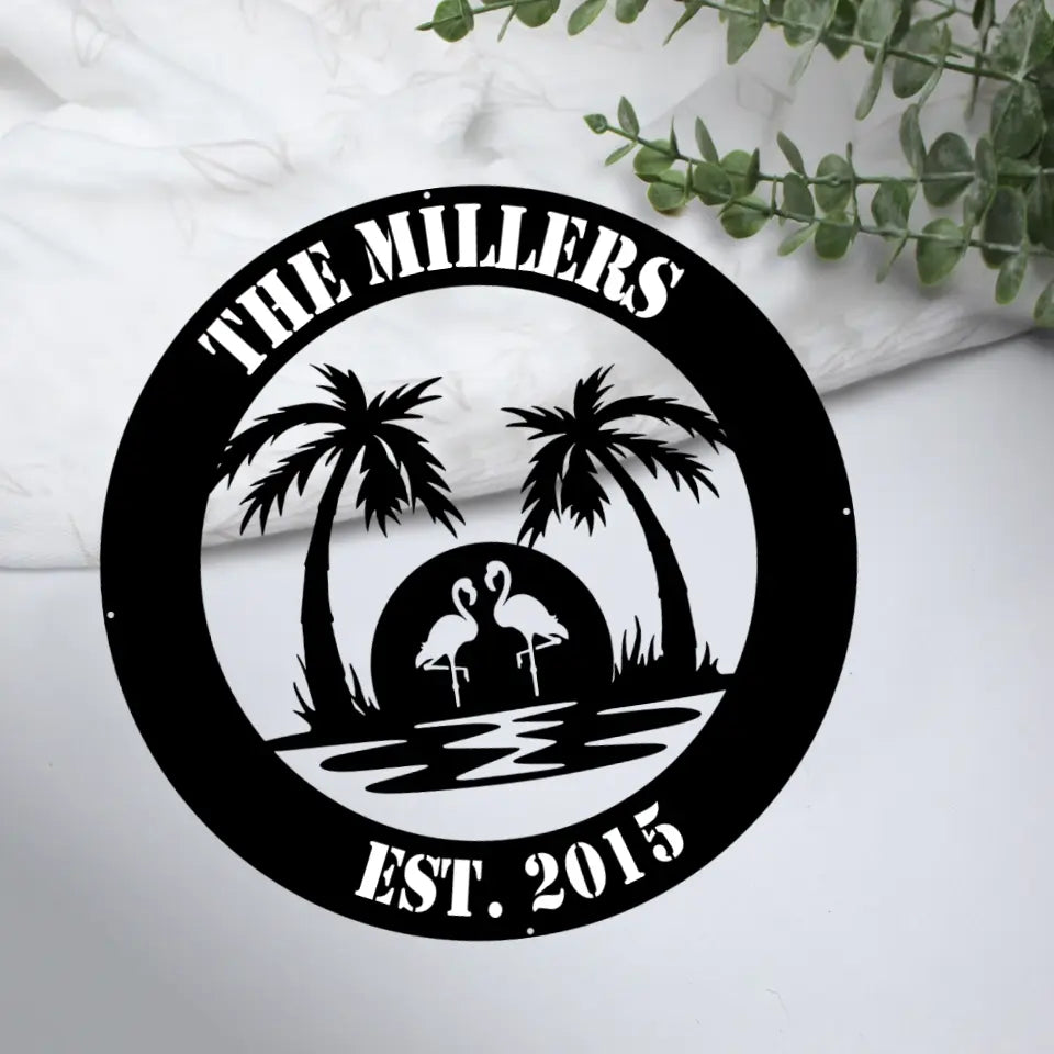 Flamingo Beach And Family - House Warming Present Idea - Custom Metal Sign - Gift For Family