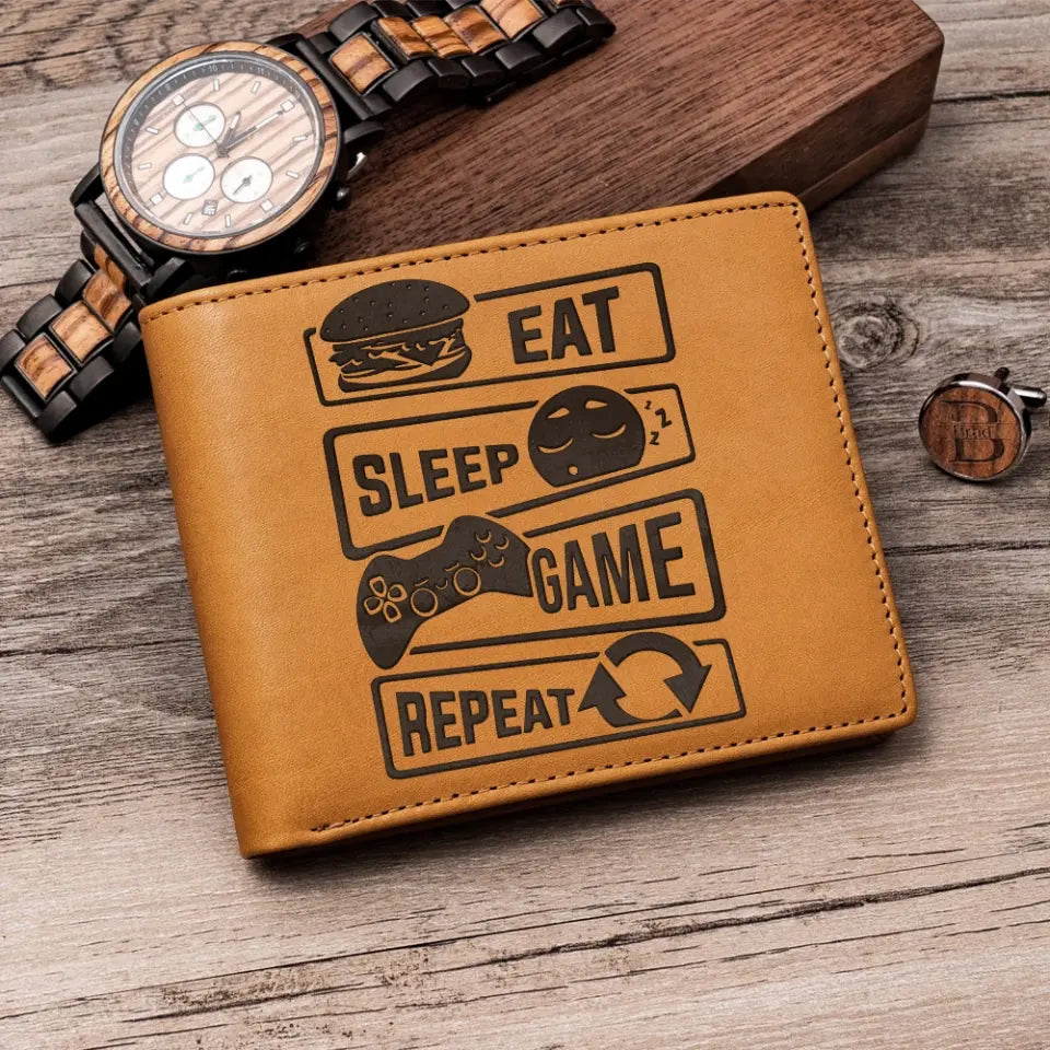 Eat Sleep Game Repeat Personalized Engraved Leather Wallet
