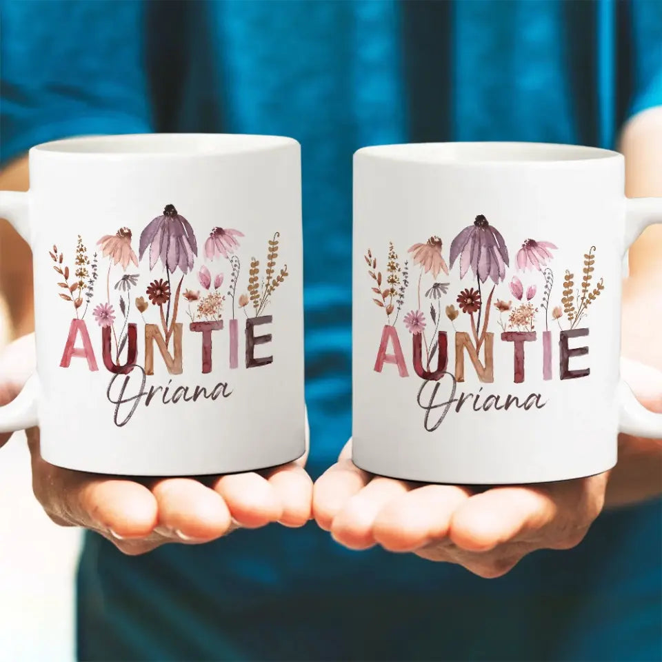 Auntie Mug with Boho Pressed Wildflowers - Personalized White Mug