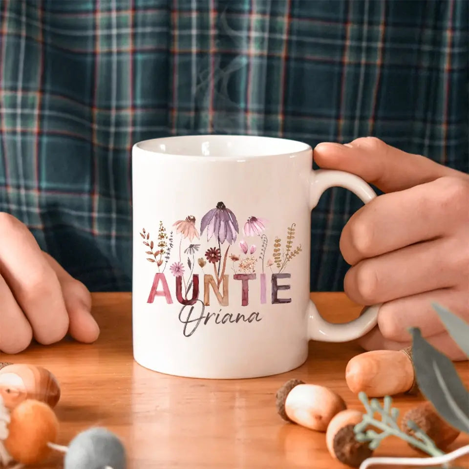 Auntie Mug with Boho Pressed Wildflowers - Personalized White Mug