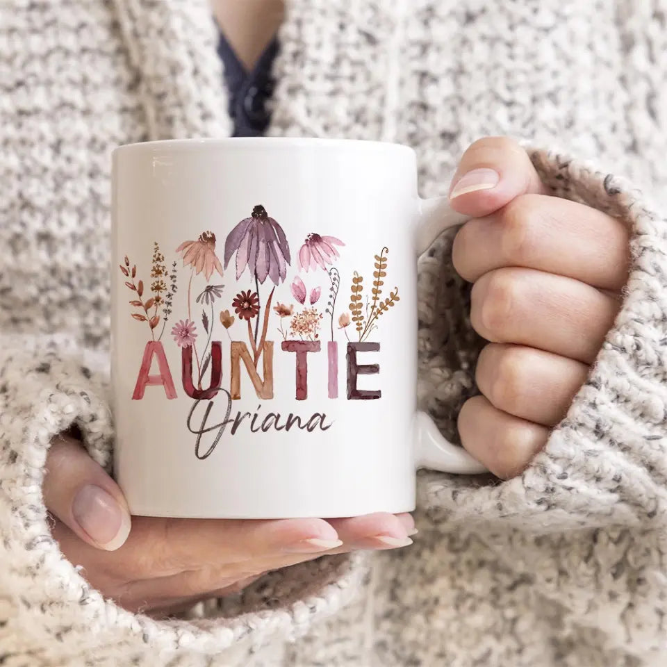 Auntie Mug with Boho Pressed Wildflowers - Personalized White Mug