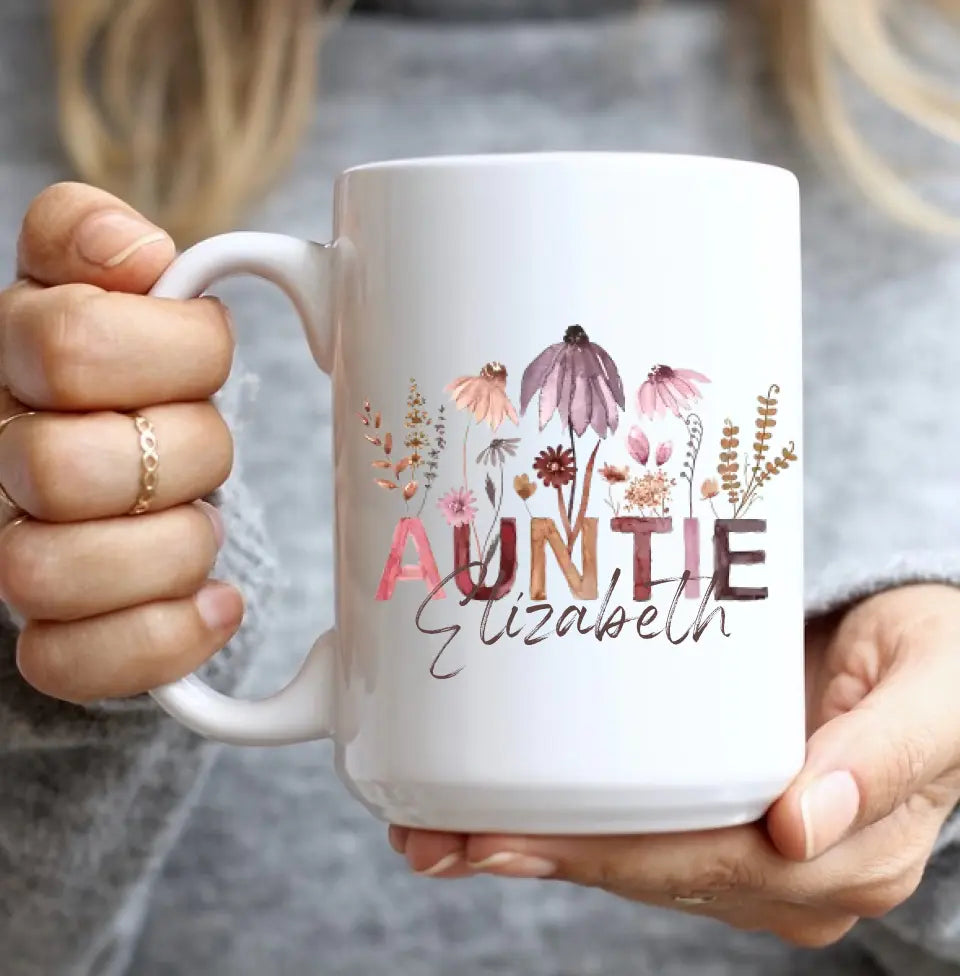 Auntie Mug with Boho Pressed Wildflowers - Personalized White Mug