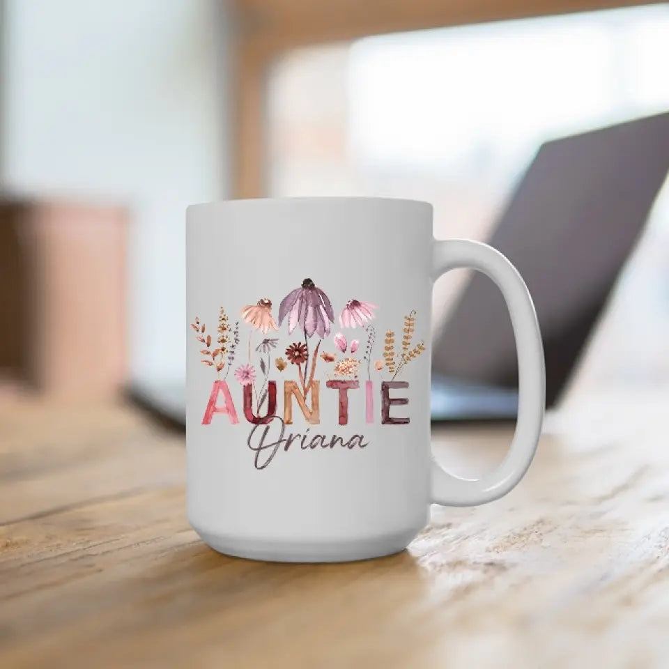 Auntie Mug with Boho Pressed Wildflowers - Personalized White Mug