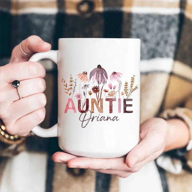 Auntie Mug with Boho Pressed Wildflowers - Personalized White Mug