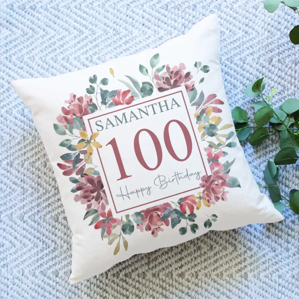 Birthday Floral Pillow -  Birthday Gift Milestone - Floral Design White Soft Square Linen Pillow | 304IHPNPPI513