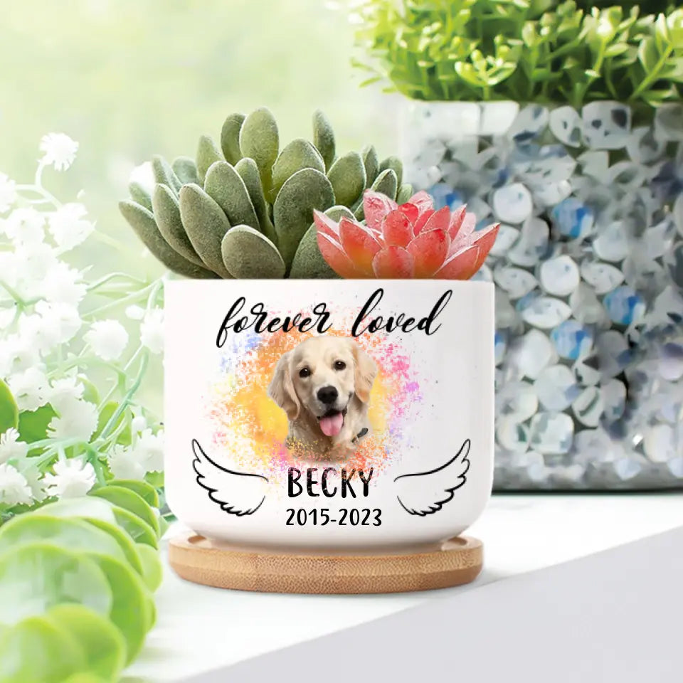 Forever Loved Dog Cat Memorial Ceramic Plant Pot With Wooden Base