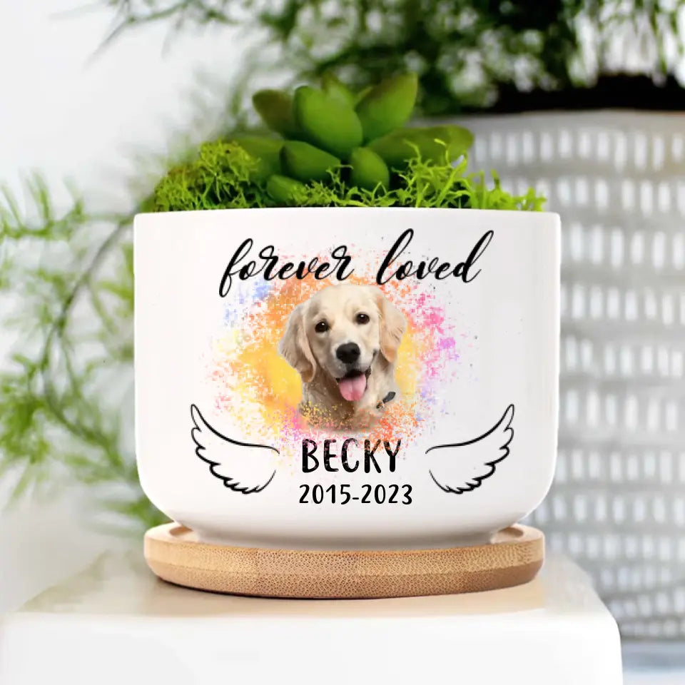Forever Loved Dog Cat Memorial Ceramic Plant Pot With Wooden Base