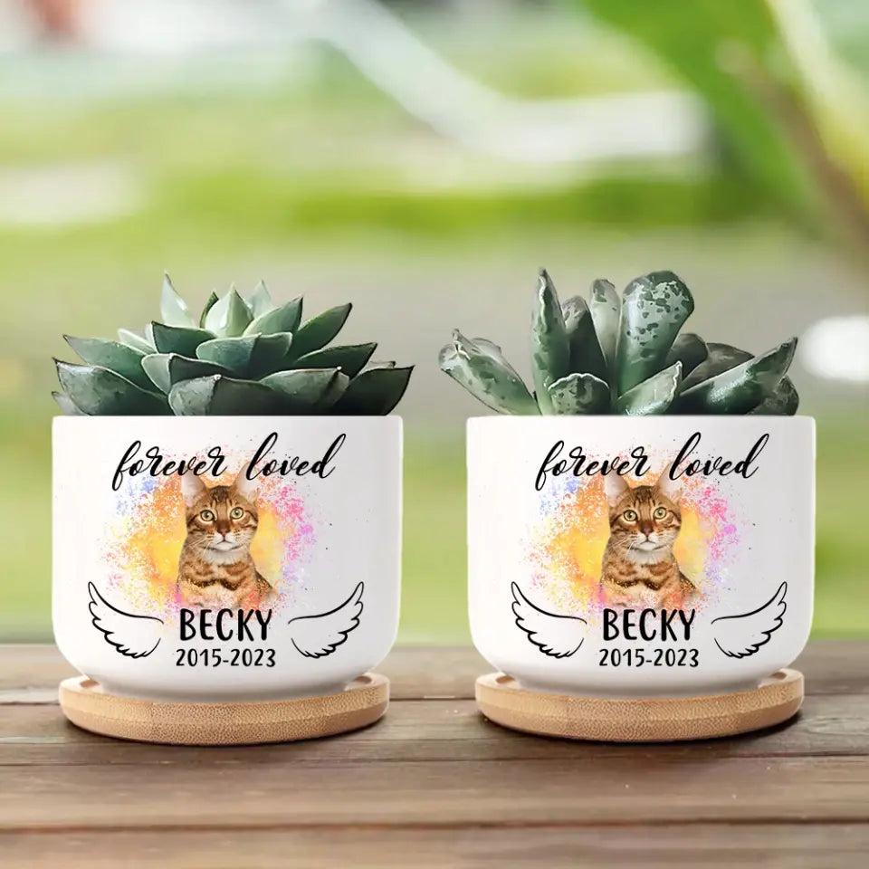 Forever Loved Dog Cat Memorial Ceramic Plant Pot With Wooden Base