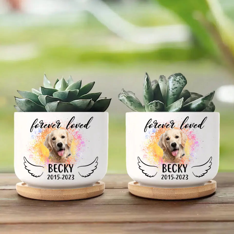 Forever Loved Dog Cat Memorial Ceramic Plant Pot With Wooden Base