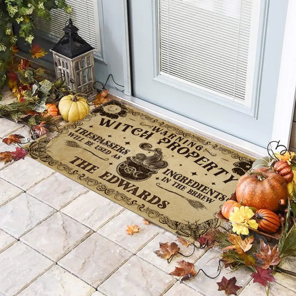 Warning Witch Property - Personalized Doormat - Halloween Gift For Family Couple