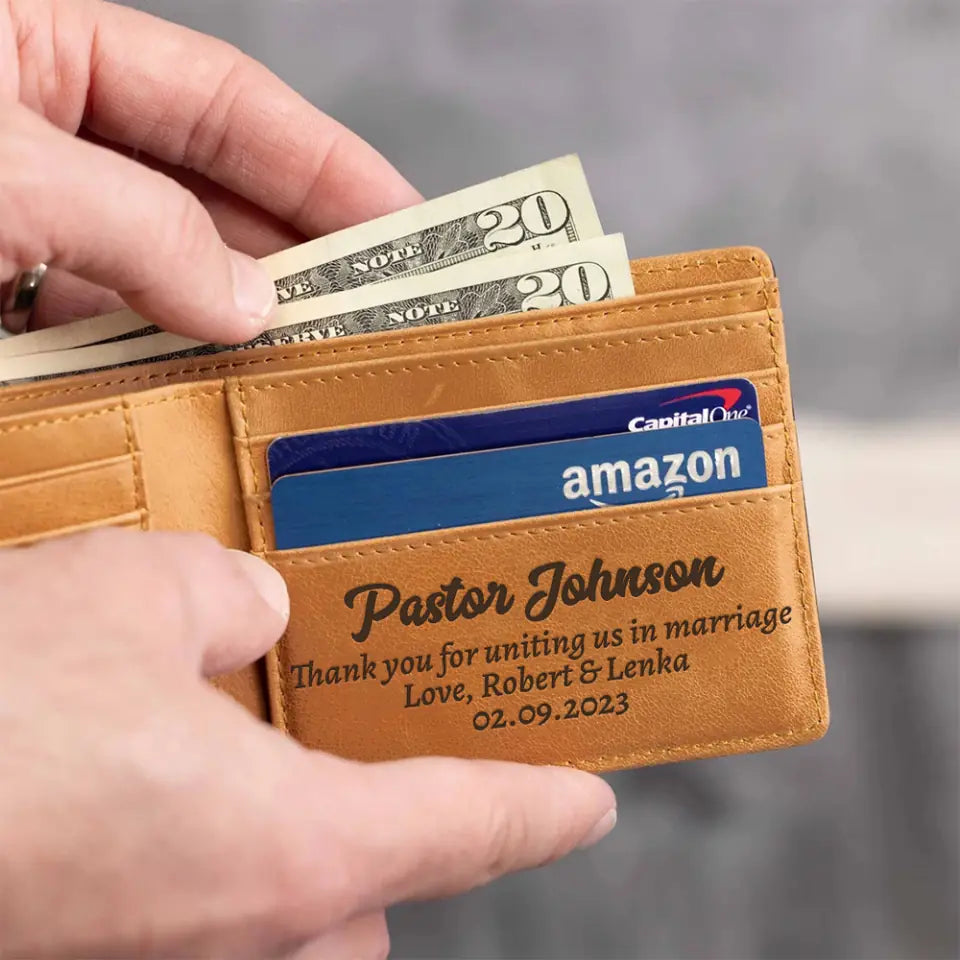 Thank You For Unitting Us In Marriage, Personalized Engraved Leather Wallet, Gift For Pastor | 309IHPNPLW500