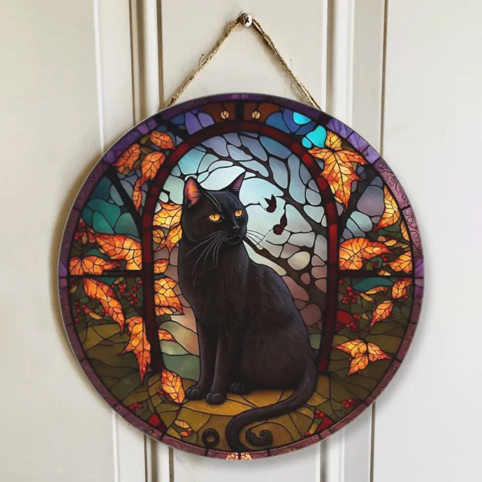 Black Cat, Door Hanger - Special Wooden Sign - Halloween Gift