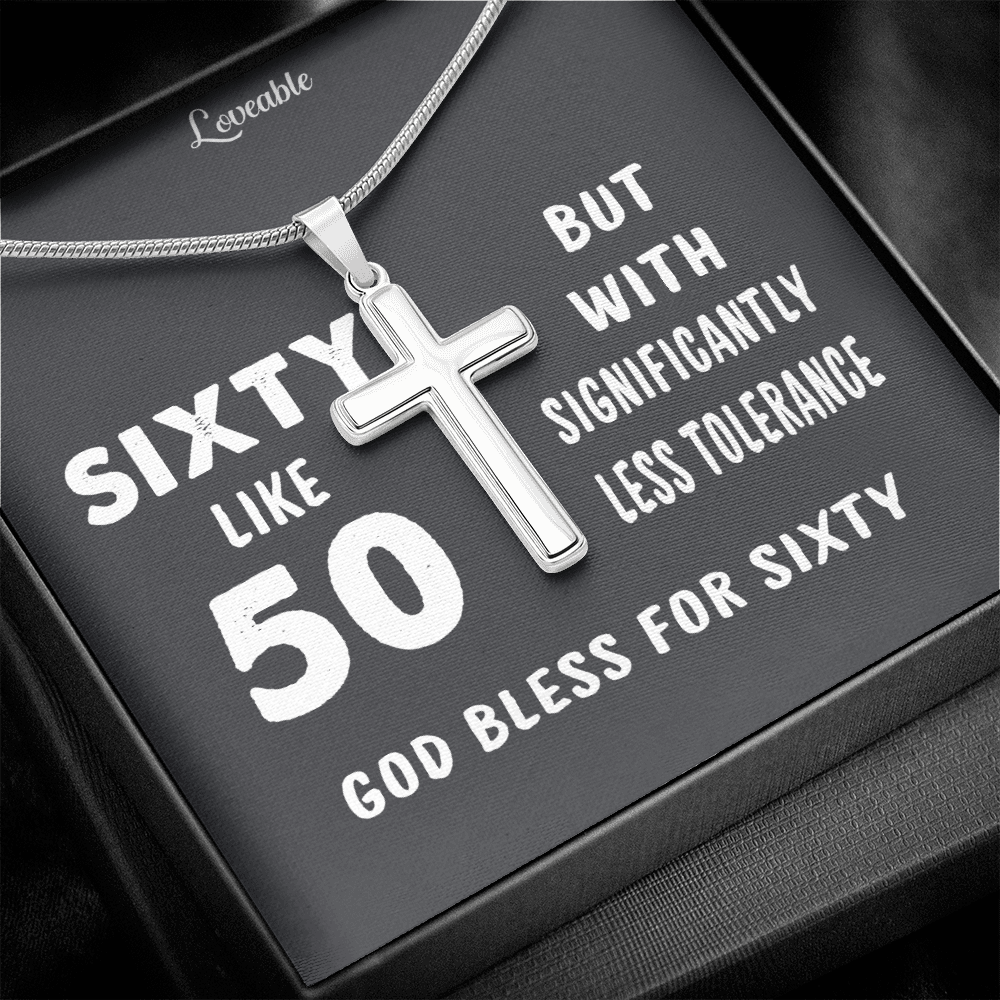 God Bless for Sixty - Stainless Steel Cross Necklace - 60th Birthday Gift for Him