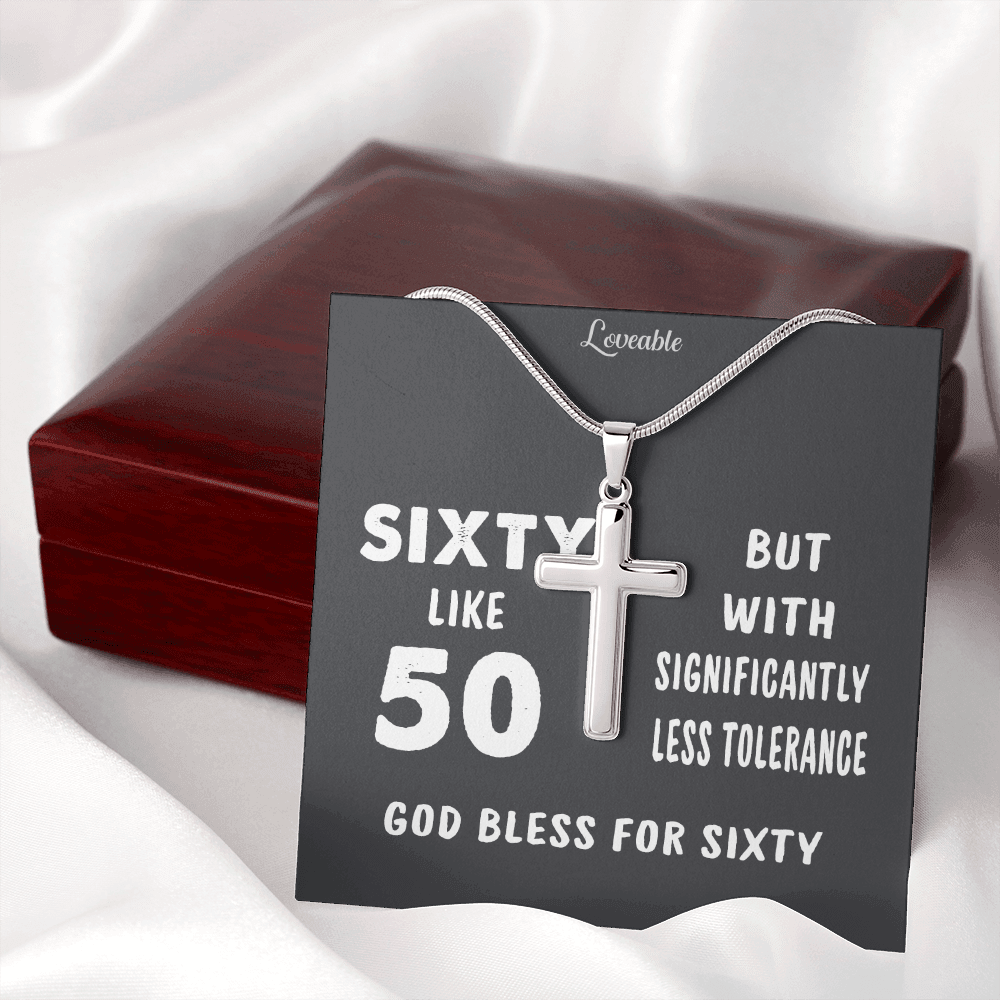 God Bless for Sixty - Stainless Steel Cross Necklace - 60th Birthday Gift for Him