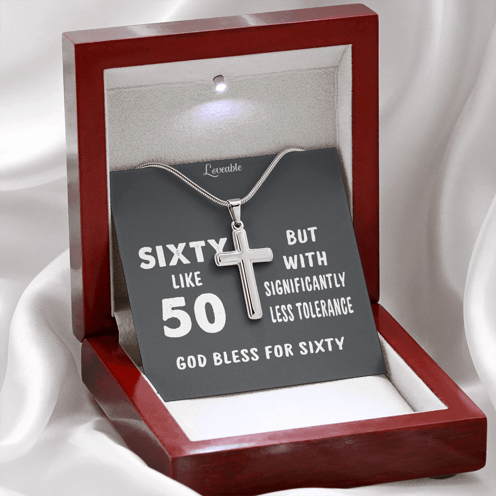 God Bless for Sixty - Stainless Steel Cross Necklace - 60th Birthday Gift for Him