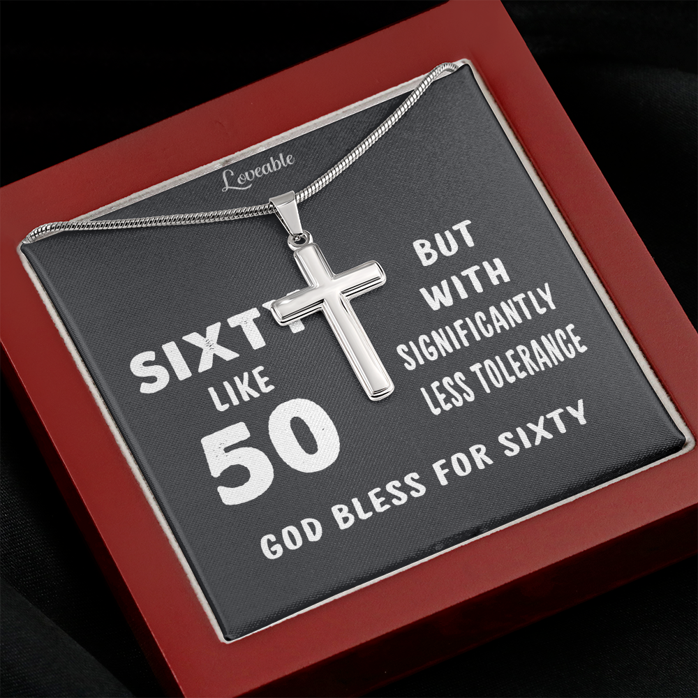 God Bless for Sixty - Stainless Steel Cross Necklace - 60th Birthday Gift for Him