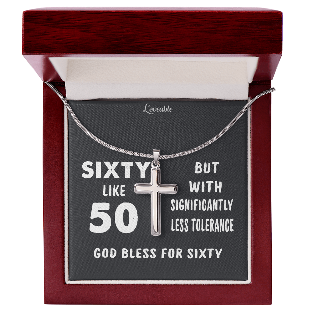 God Bless for Sixty - Stainless Steel Cross Necklace - 60th Birthday Gift for Him